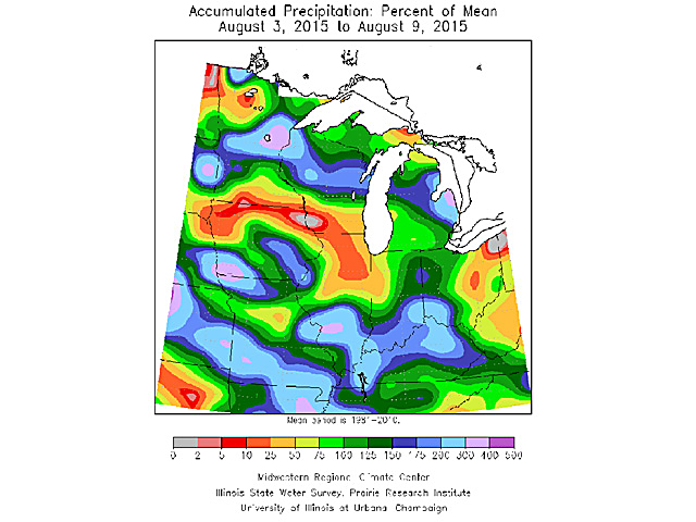 Seven-day rainfall in northern Iowa, southern Minnesota and northern through central Illinois was not only less than normal, it was almost zero in some locations. (Midwest Climate Center graphic) 